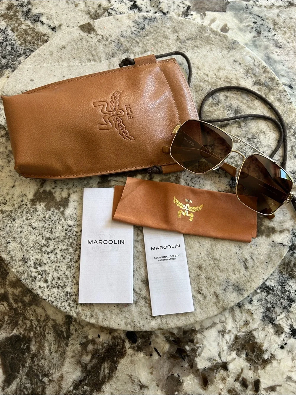 MCM Gold Frame Sunglasses with Brown Lenses and Tan Case